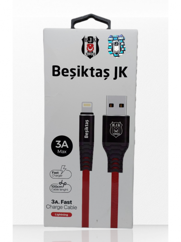 Beşiktaş Lisanslı Iphone İçin 3A Lightning Şarj Kablosu 1 Metre Hızlı Şarj Destekli