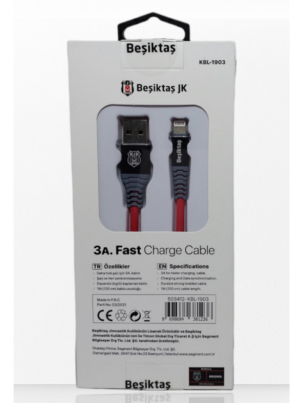 Beşiktaş Lisanslı Iphone İçin 3A Lightning Şarj Kablosu 1 Metre Hızlı Şarj Destekli - 3