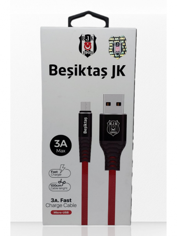 Beşiktaş Lisanslı Micro USB 3A Şarj Kablosu 1 Metre Hızlı Şarj Destekli