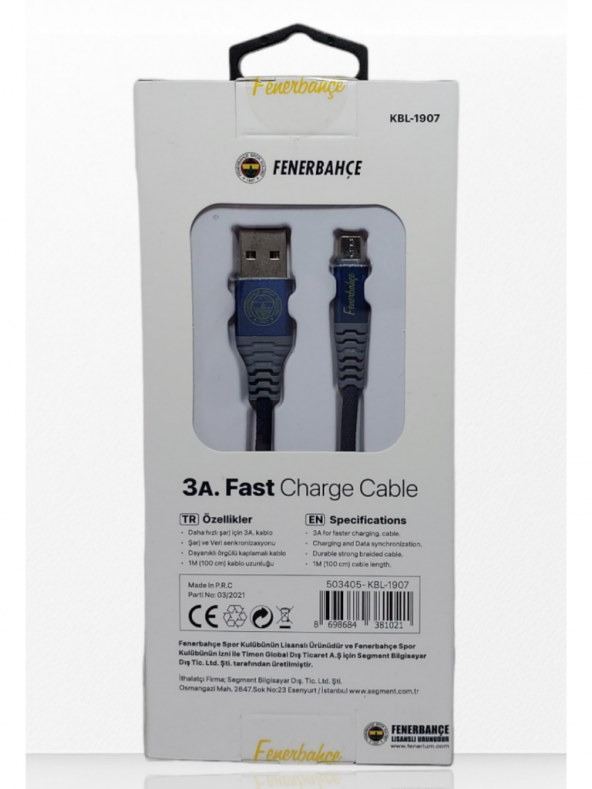 Fenerbahçe Lisanslı Micro USB 3A Şarj Kablosu 1 Metre Hızlı Şarj Destekli - 3