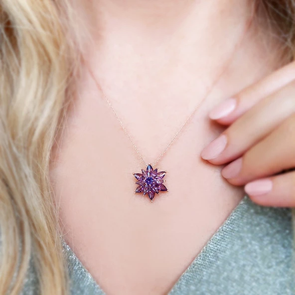 Vaoov 925 Ayar Gümüş Mor Taşlı Lotus Kolye - Resim 4