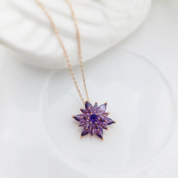 Vaoov 925 Ayar Gümüş Mor Taşlı Lotus Kolye - Resim 3