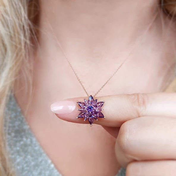 Vaoov 925 Ayar Gümüş Mor Taşlı Lotus Kolye - Resim 2