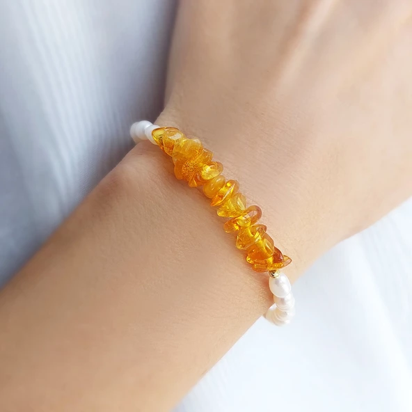 Vaoov 925 Ayar Gümüş Doğal Kehribar ve İnci Bileklik - Resim 4