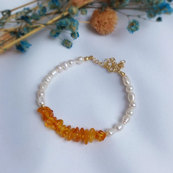 Vaoov 925 Ayar Gümüş Doğal Kehribar ve İnci Bileklik - Resim 3