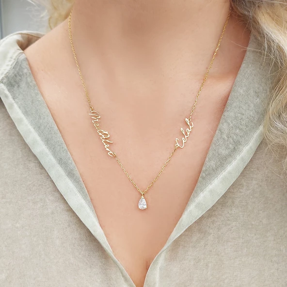 Vaoov 925 Ayar Gümüş İki İsimli Damla Taşlı Kolye - Resim 3