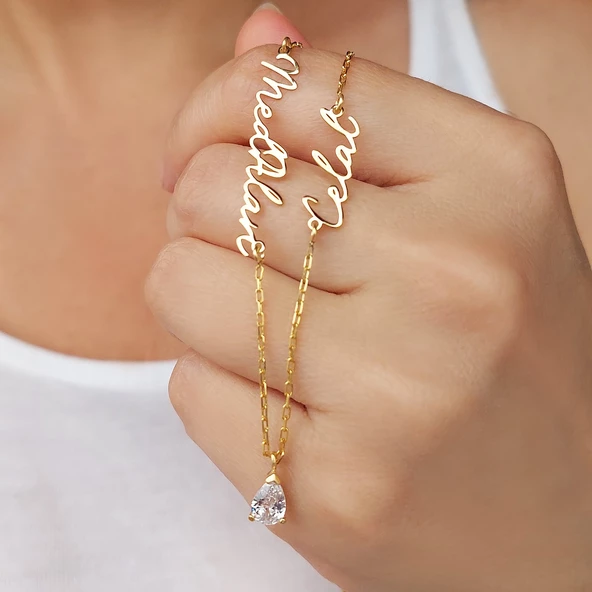 Vaoov 925 Ayar Gümüş İki İsimli Damla Taşlı Kolye - Resim 4