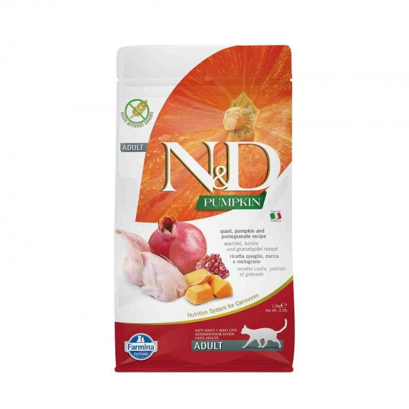 ND Pumpkin Tahılsız Bıldırcın Etli Bal Kabaklı ve Narlı Yetişkin Kedi Maması 1.5 Kg