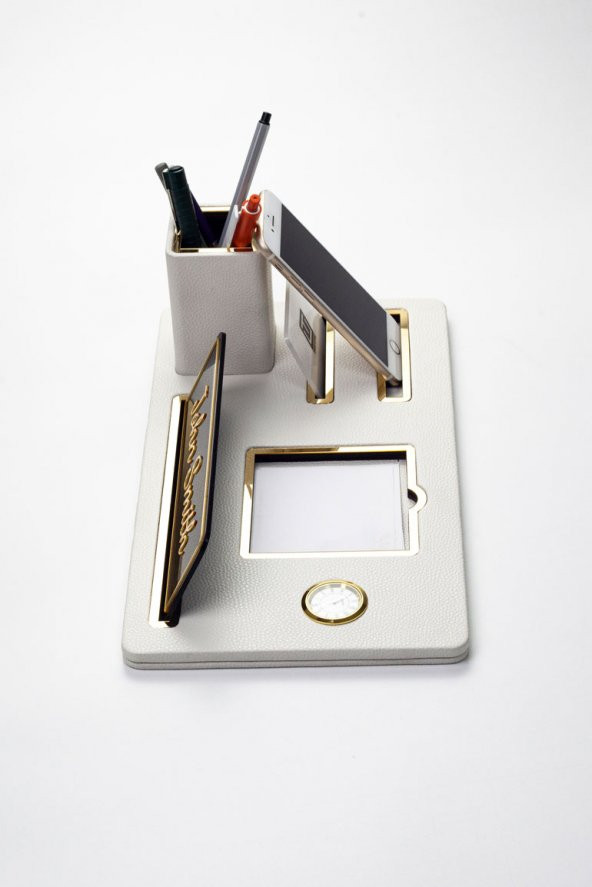 Masaüstü İsimliği Deri Organizer Beyaz Gold Detaylı Saat ve Kalemlikli - 2