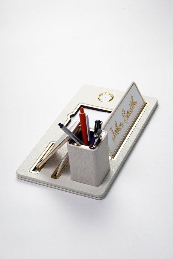 Masaüstü İsimliği Deri Organizer Beyaz Gold Detaylı Saat ve Kalemlikli - 4