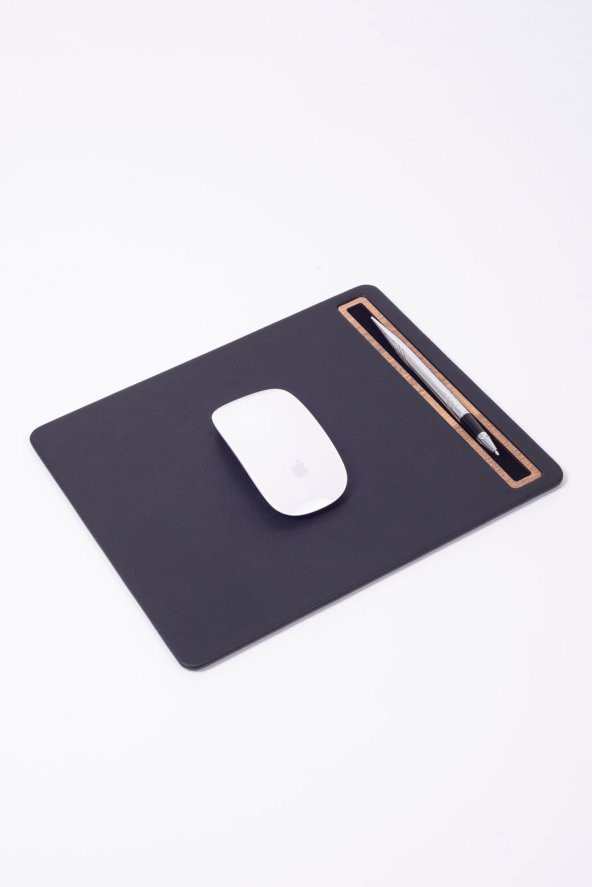 Deri Mousepad Düz Siyah Ahşap Detaylı - 3
