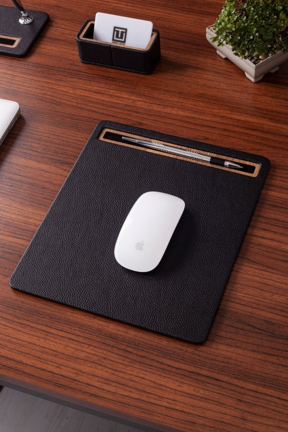 Deri Mousepad Siyah Ahşap Detaylı - 4