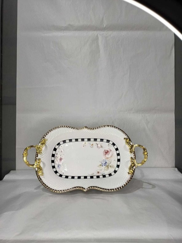 Canba Oval Damalı Pembe Güllü Servis 37x21x12 cm - 1