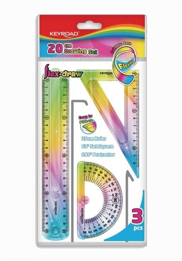 Cetvel Takımı Kırılmaz Esnek Silikonlu Kırılmaz 3Lü Gökkuşağı 20 Cm 1 Paket Cetvel Seti