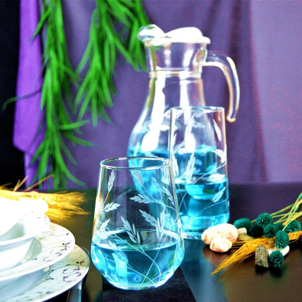 Decocia Kazaan 13 Parça 6 Kişilik  Su ve Meşrubat Kesme Bardak Seti Sürgün Desenli - Resim 2