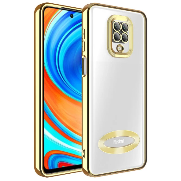 Xiaomi Redmi Note 9S Kılıf Kamera Korumalı Logo Gösteren Omega Kapak - Gold