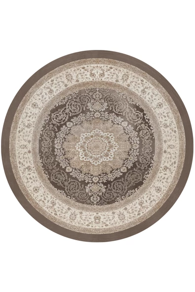 Klasik Desen Pamuk Taban Yıkanabilir Dijital Baskılı Yuvarlak Halı  VİZON 140x140