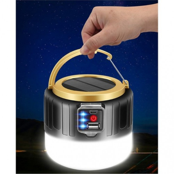 G-300W Kamp Lambası Solar Güneş Enerjili Ampül 26SMD LED Şarjlı El Feneri Powerbank D18 - 4