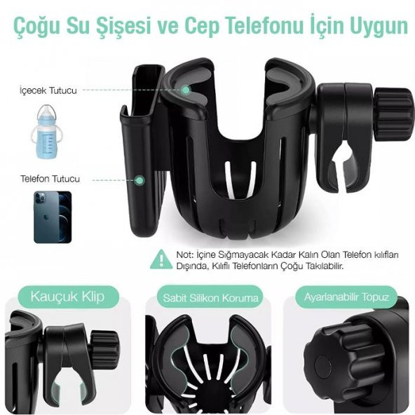 Coofbe Bebek Arabası Bisiklet Motosiklet İçin Ayarlanabilir Bardak ve Cep Telefonu Tutucu Biberon Tutucu Scooter Tutucu - 7