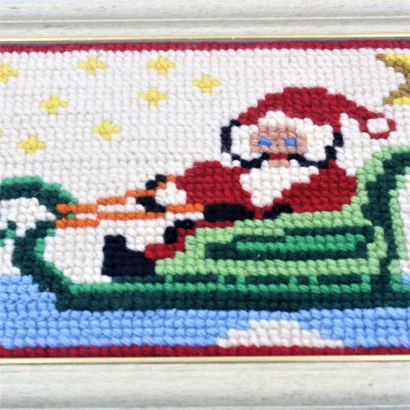 Ahşap Çerçeveli Noel Baba Tablosu - El İşi Dokuma Noel Baba Temiz Tablo - 2