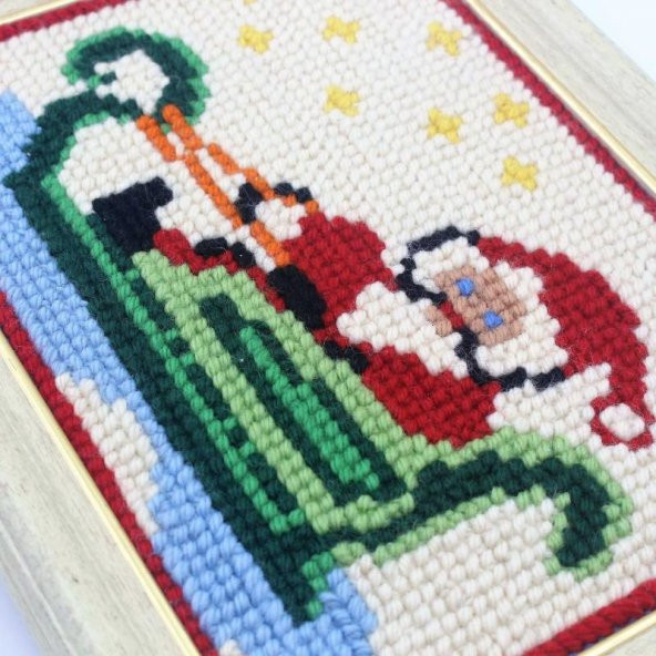 Ahşap Çerçeveli Noel Baba Tablosu - El İşi Dokuma Noel Baba Temiz Tablo - 3