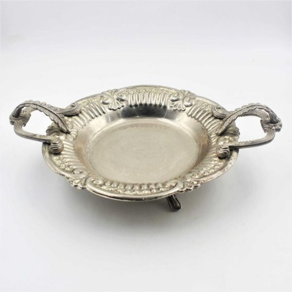 Eskilerden Alman Gümüşü Çiçek Kabartmalı Metal Tabak - Şekerlik - yuvarlak Meyvelik - Resim 2