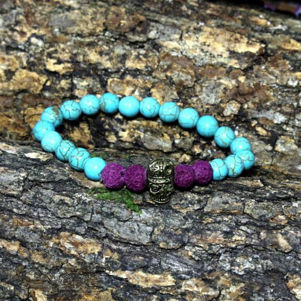 MOR LAV Taşlı 8 mm Erkek Bileklik Turkuaz Taşlı Kuru Kafalı SIFIR Bileklik HEDİYE PAKETİNDE
