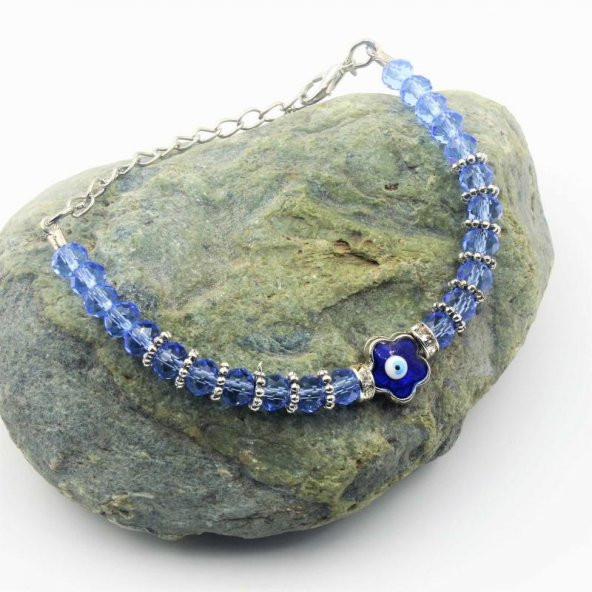 Çiçek Şeklinde Nazar Boncuklu Açık Mavi Lila Cam SIFIR Bileklik - Hediye Paketinde Gönderilecektir