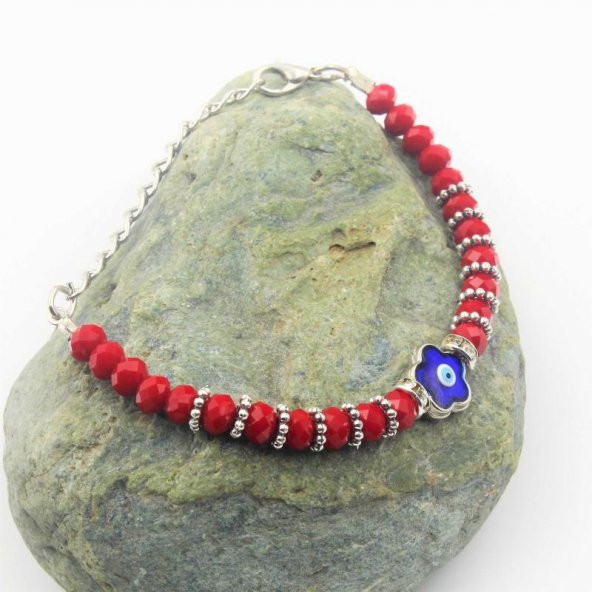 Çiçek Şeklinde Nazar Boncuklu Kırmızı Kesme Cam SIFIR Bileklik - Hediye Paketinde Gönderilecektir