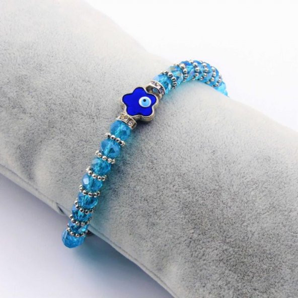 Çiçek Şeklinde Nazar Boncuklu Açık Mavi Kesme Cam SIFIR Bileklik - Hediye Paketinde Gönderilecektir
