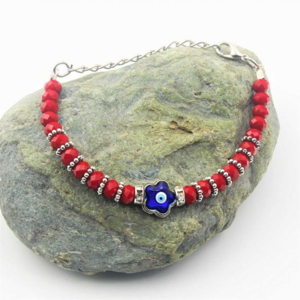 Çiçek Şeklinde Nazar Boncuklu Kırmızı Kesme Cam SIFIR Bileklik - Hediye Paketinde Gönderilecektir - 2