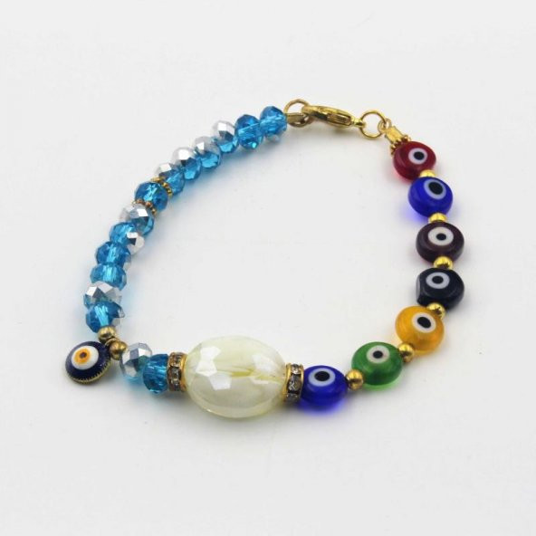 Karışık Renkli Cam Nazar Boncuklu Foyalı Mavi Cam SIFIR Bileklik - Hediye Paketinde Gönderilecektir