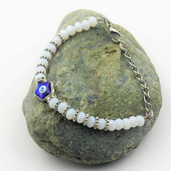 Çiçek Şeklinde Nazar Boncuklu Beyaz Kesme Cam SIFIR Bileklik - Hediye Paketinde Gönderilecektir - 2