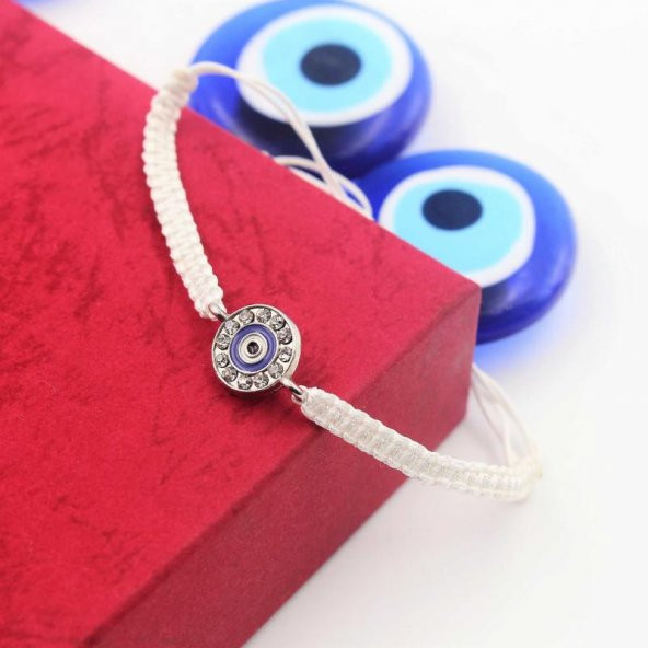 Gümüş Renk Cam Taşlı Nazar Boncuğu Beyaz Renkli Örme Bileklik - Hediye Paketinde Gönderilecektir