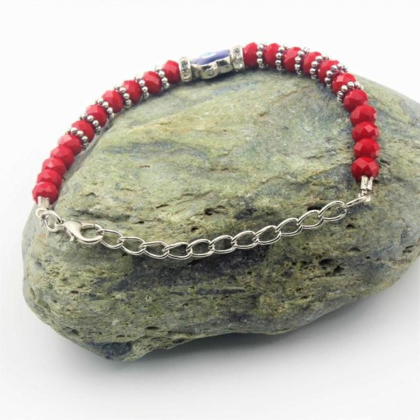 Çiçek Şeklinde Nazar Boncuklu Kırmızı Kesme Cam SIFIR Bileklik - Hediye Paketinde Gönderilecektir - 3