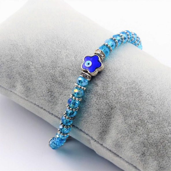 Çiçek Şeklinde Nazar Boncuklu Açık Mavi Kesme Cam SIFIR Bileklik - Hediye Paketinde Gönderilecektir - 2