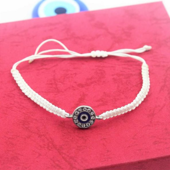 Gümüş Renk Cam Taşlı Nazar Boncuğu Beyaz Renkli Örme Bileklik - Hediye Paketinde Gönderilecektir - 2