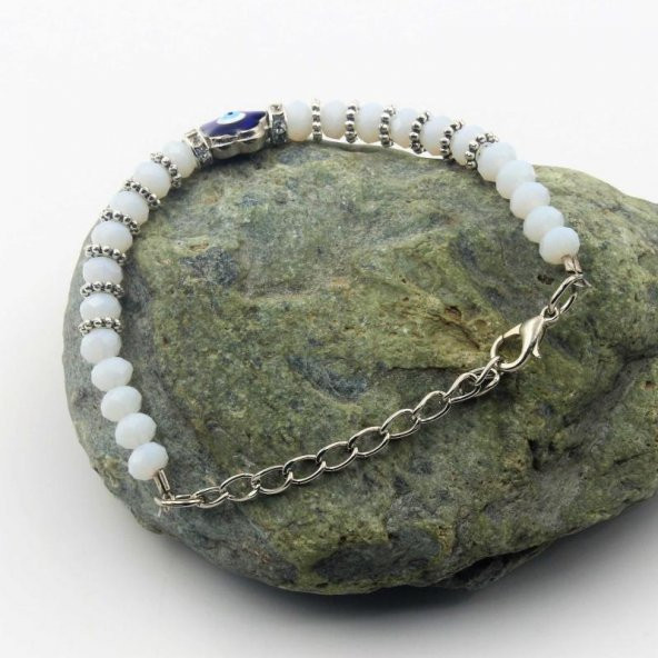 Çiçek Şeklinde Nazar Boncuklu Beyaz Kesme Cam SIFIR Bileklik - Hediye Paketinde Gönderilecektir - 3