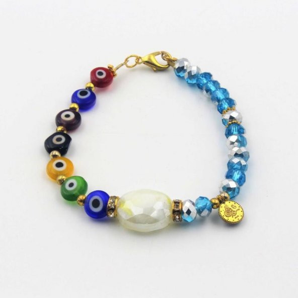 Karışık Renkli Cam Nazar Boncuklu Foyalı Mavi Cam SIFIR Bileklik - Hediye Paketinde Gönderilecektir - 2