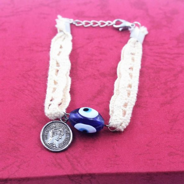 CAM Nazar Boncuklu Gümüş Kaplama FRANSIZ PARA Uçlu - Örgü Dantel Bileklik - Nazarlık