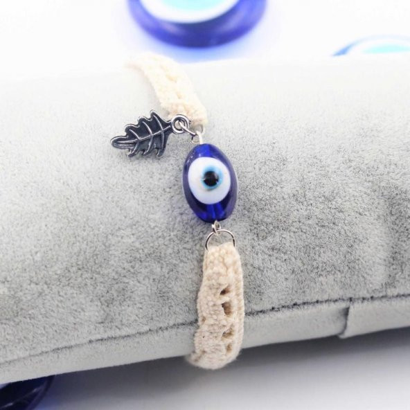 CAM Nazar Boncuklu Gümüş Kaplama YAPRAK Uçlu - Örgü Dantel Bileklik - Nazarlık - NO - 222