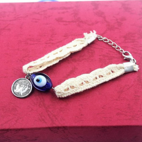 CAM Nazar Boncuklu Gümüş Kaplama FRANSIZ PARA Uçlu - Örgü Dantel Bileklik - Nazarlık - 2