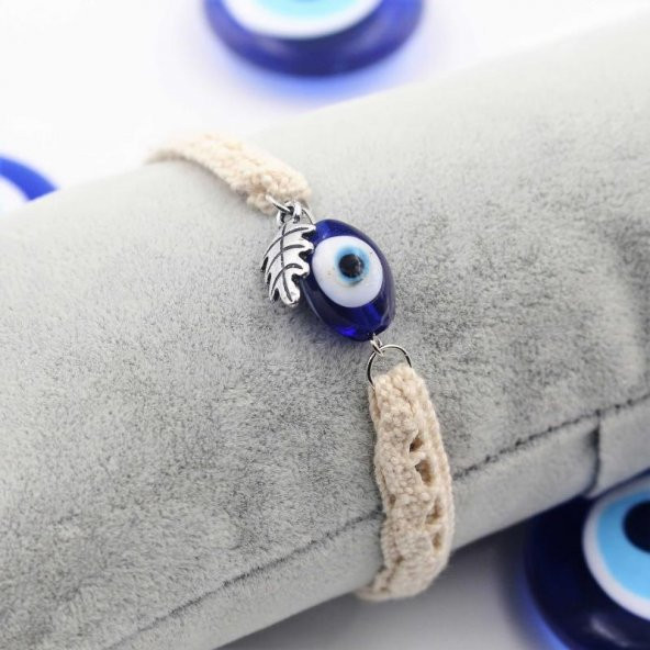 CAM Nazar Boncuklu Gümüş Kaplama YAPRAK Uçlu - Örgü Dantel Bileklik - Nazarlık - NO - 222 - 2