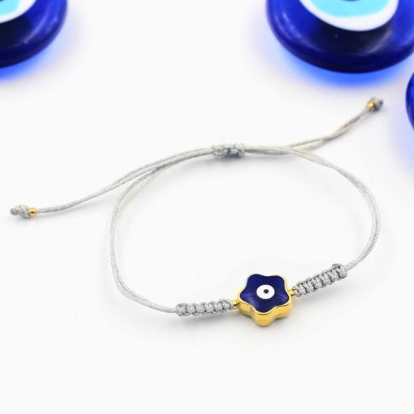 Altın Renk Mavi Mineli GRİ Renkli Makrome Örme Kırmızı Bileklik - Nazarlık - 2