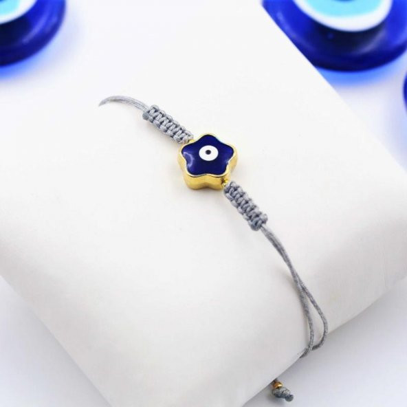 Altın Renk Mavi Mineli GRİ Renkli Makrome Örme Kırmızı Bileklik - Nazarlık - 3