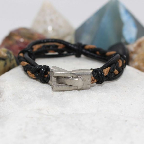 SİYAH - Kahve DERİ Bileklik El Örgüsü Erkek Bileklik Erkek Bilekliği