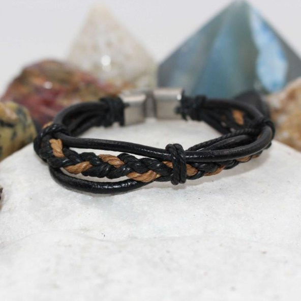 SİYAH - Kahve DERİ Bileklik El Örgüsü Erkek Bileklik Erkek Bilekliği - 2