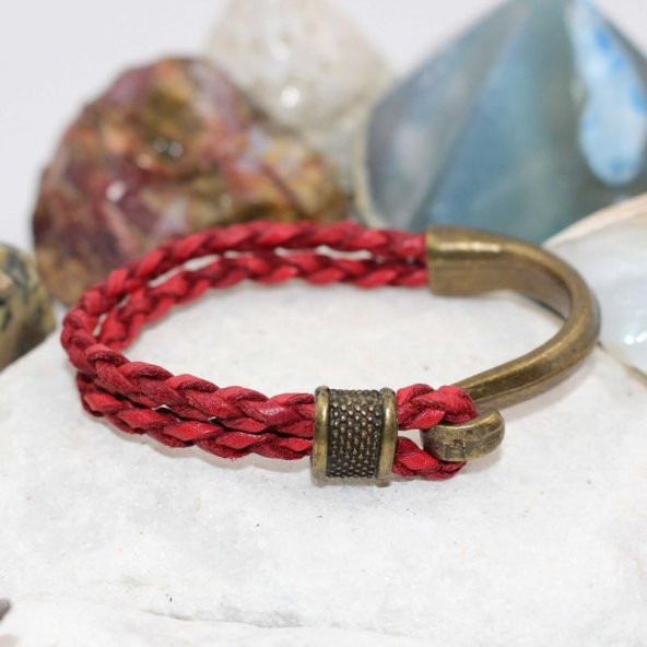 KIRMIZI DERİ - Metal Bileklik El Örgüsü Erkek Bileklik ÖZEL TASARIM Erkek Bileklik