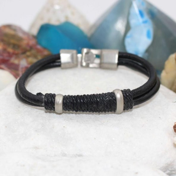 SİYAH DERİ SARMA Erkek Bileklik ÖZEL TASARIM ERKEK Bileklik