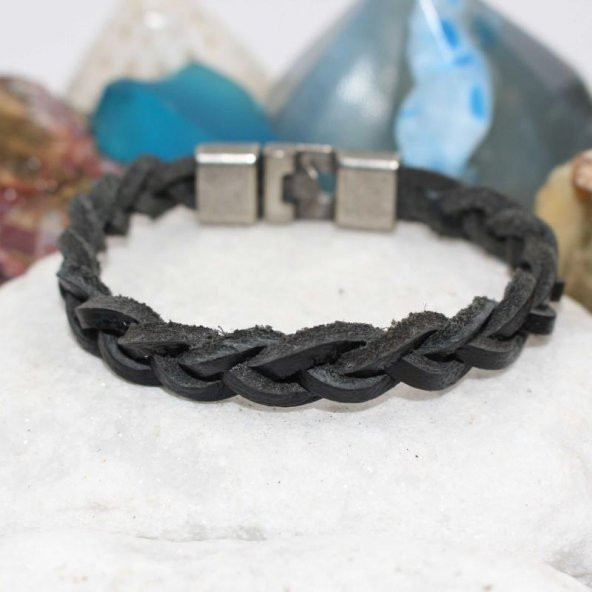 SİYAH ÖRGÜ DERİ Erkek Bileklik ÖZEL TASARIM ERKEK Bileklik